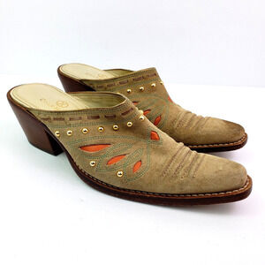 Cole Haan Morgan Womens Sz 6.5 B Beige Leather Slip On Heeled Western Mule Shoes